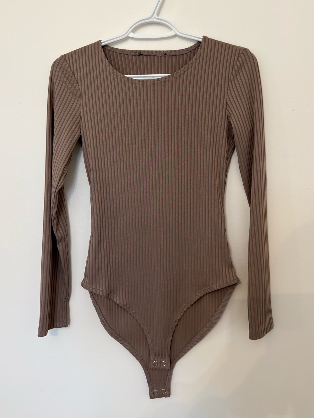 Ribbed Long Sleeve Snap-Closure Bodysuit in Taupe